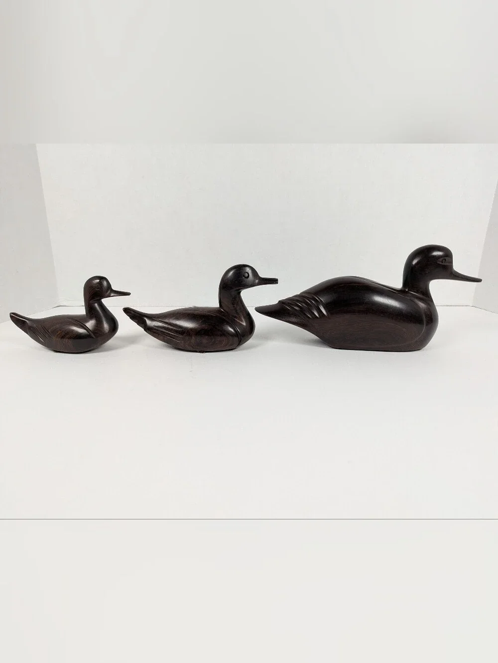 Vintage Set of 3 Carved Wooden Ducks Dark Hardwood Chinese 9